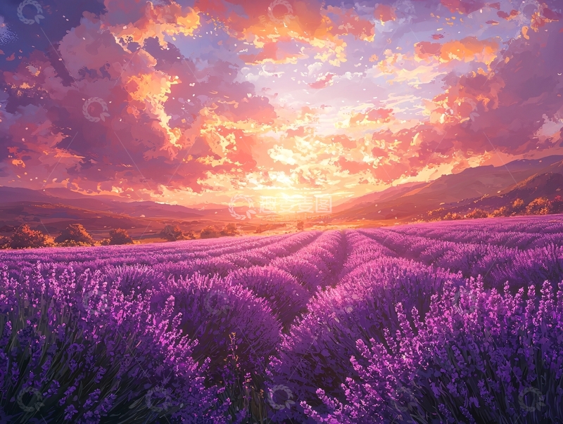 高清大图下载【趣麦麦图】浪漫薰衣草田夕阳景色