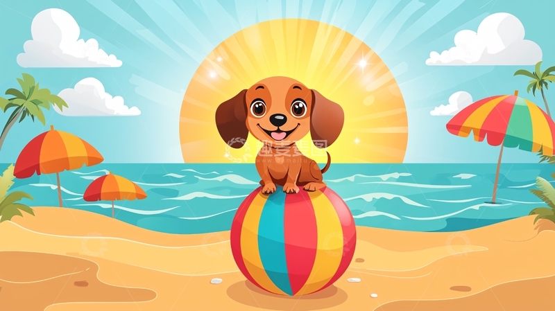 高清大图下载【趣麦麦图】海滩上坐在球上的小狗
