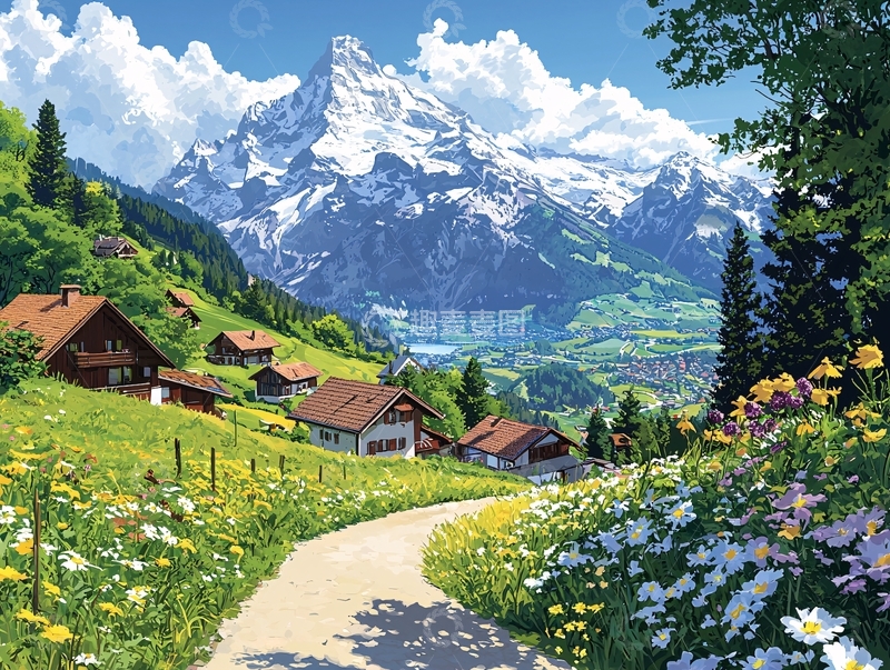 高清大图下载【趣麦麦图】阿尔卑斯山乡村风景