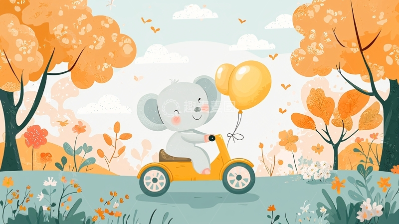 高清大图下载【趣麦麦图】可爱小象骑车秋日郊游