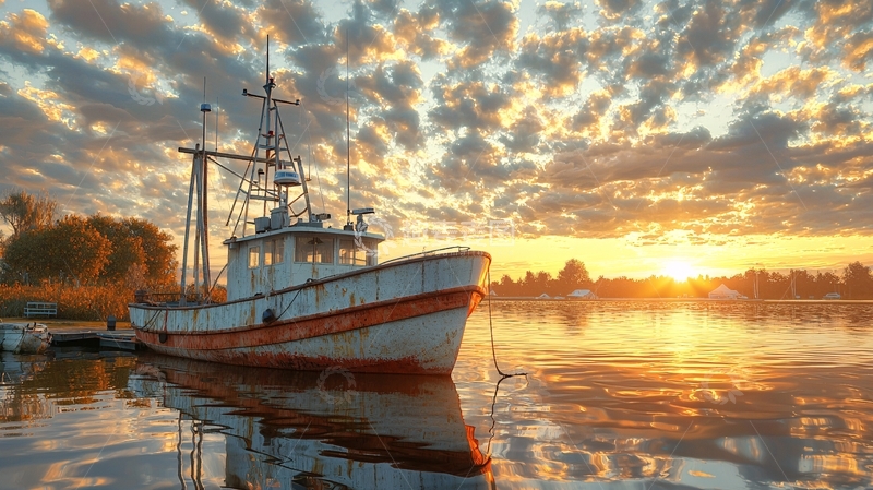 高清大图下载【趣麦麦图】日出渔船码头停泊