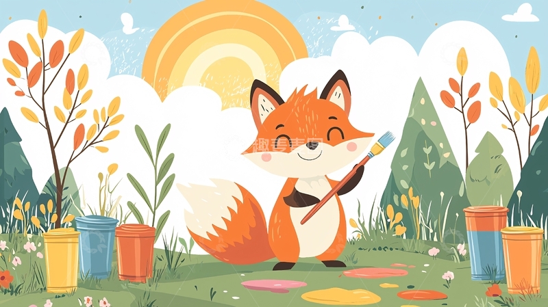 高清大图下载【趣麦麦图】小狐狸绘画森林风景