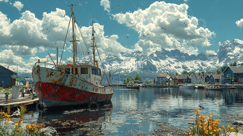 高清大图下载【趣麦麦图】港口停泊的红色老船