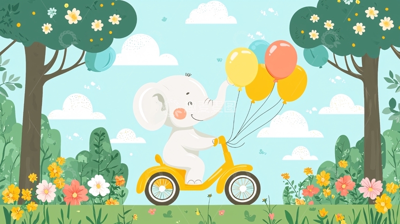 高清大图下载【趣麦麦图】可爱小象骑车郊游图
