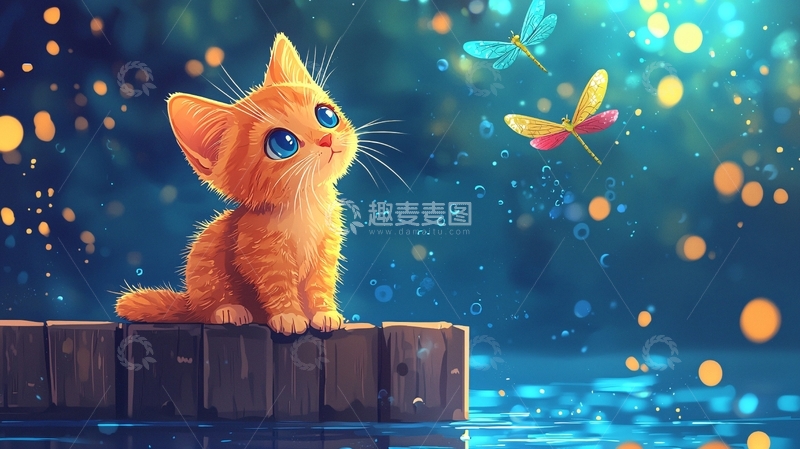 高清大图下载【趣麦麦图】小猫凝望萤火与蜻蜓