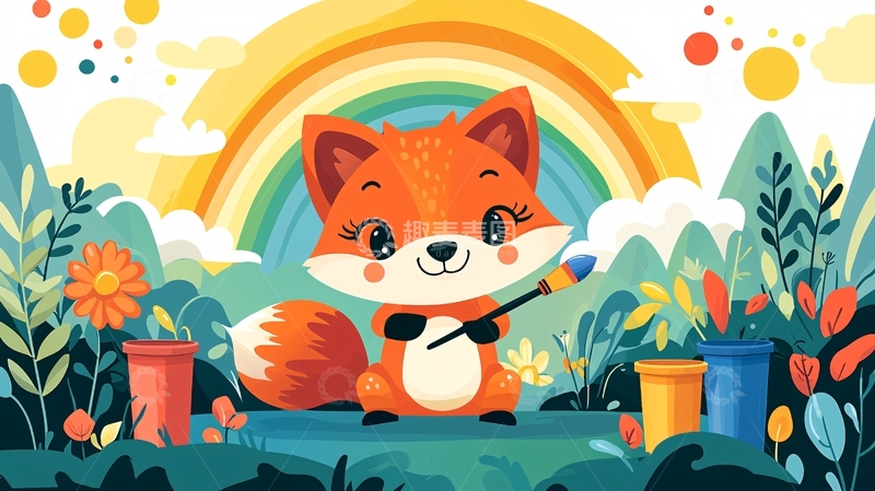 高清大图下载【趣麦麦图】彩虹背景下的小狐狸绘画