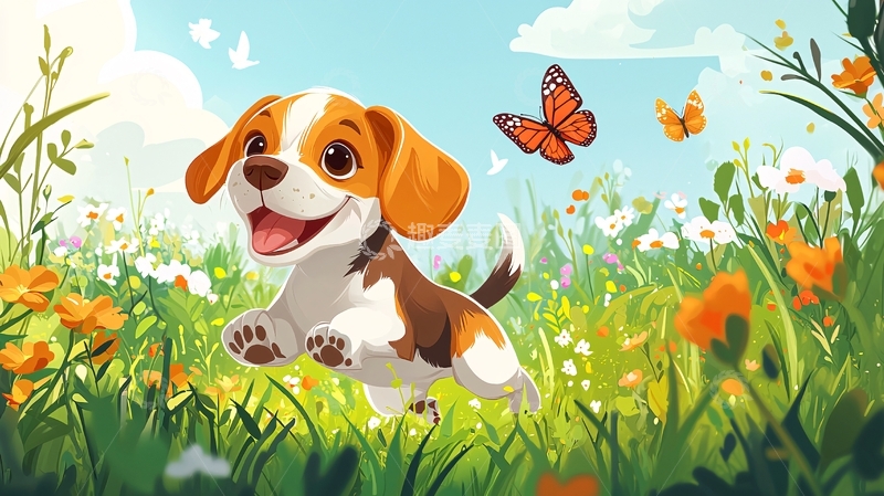高清大图下载【趣麦麦图】可爱小猎犬奔跑花田