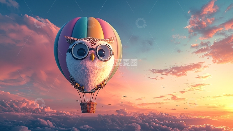 高清大图下载【趣麦麦图】戴眼镜的猫头鹰热气球