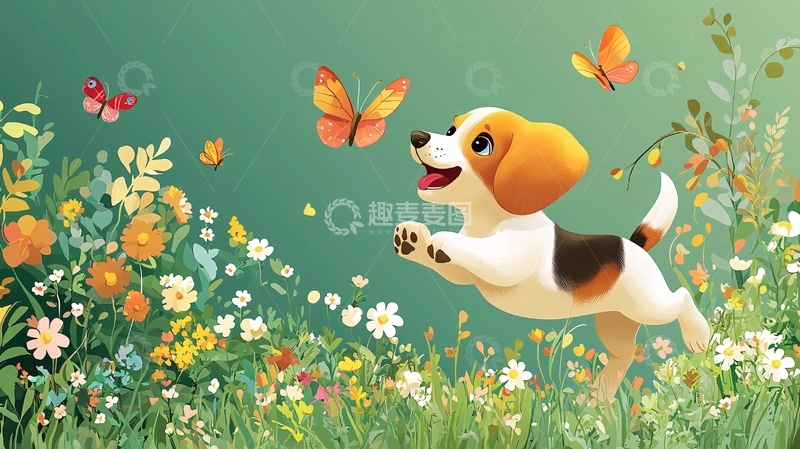 高清大图下载【趣麦麦图】小狗追逐蝴蝶花丛