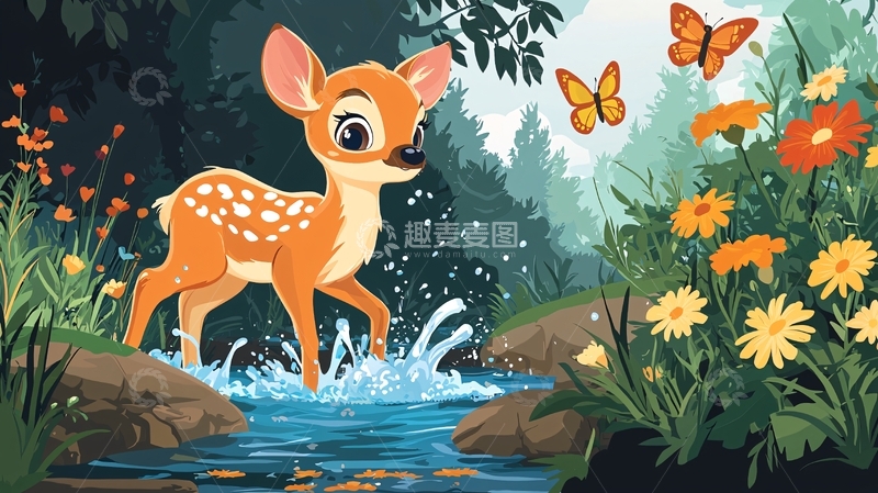 高清大图下载【趣麦麦图】小鹿斑比森林溪流