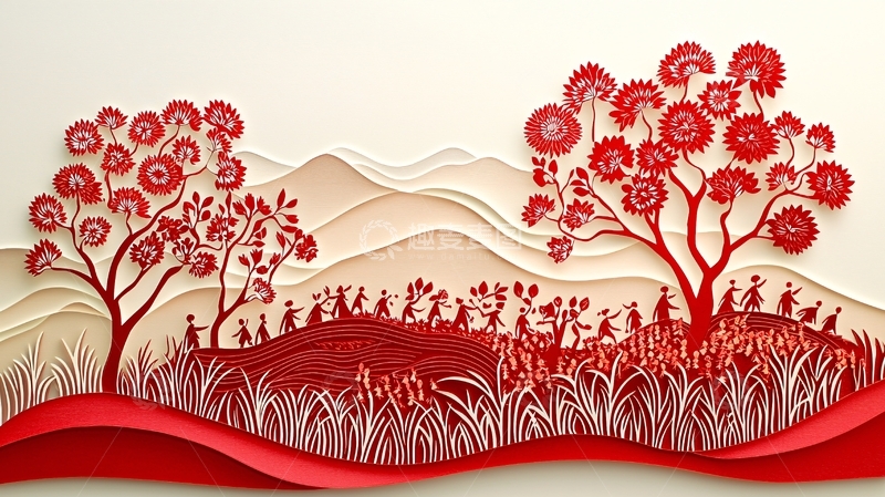 高清大图下载【趣麦麦图】红色剪纸风景
