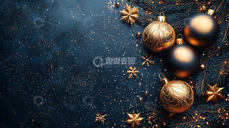 高清大图下载【趣麦麦图】深蓝色背景金色圣诞装饰