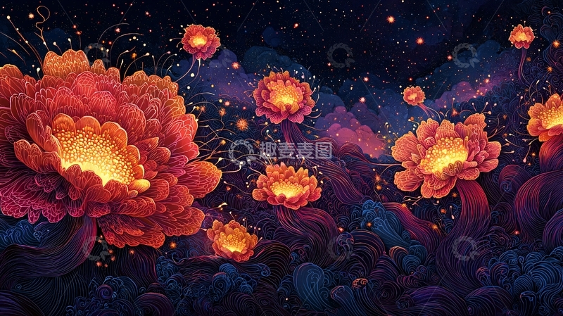 高清大图下载【趣麦麦图】夜空下的发光花朵