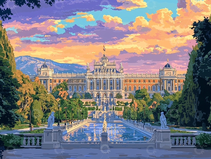 高清大图下载【趣麦麦图】夕阳下的宏伟宫殿与喷泉