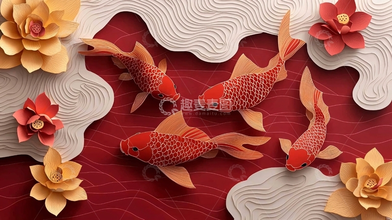 高清大图下载【趣麦麦图】红色鲤鱼剪纸