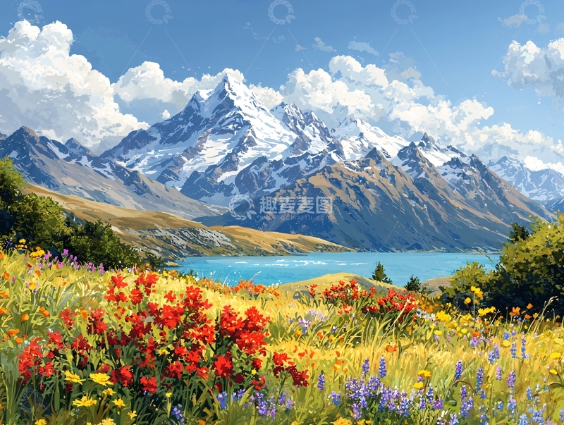 高清大图下载【趣麦麦图】雪山湖泊鲜花草原