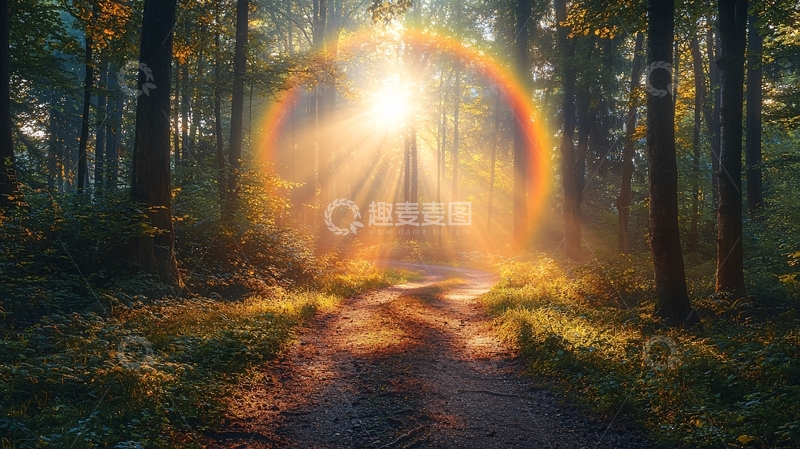 高清大图下载【趣麦麦图】森林小路阳光彩虹