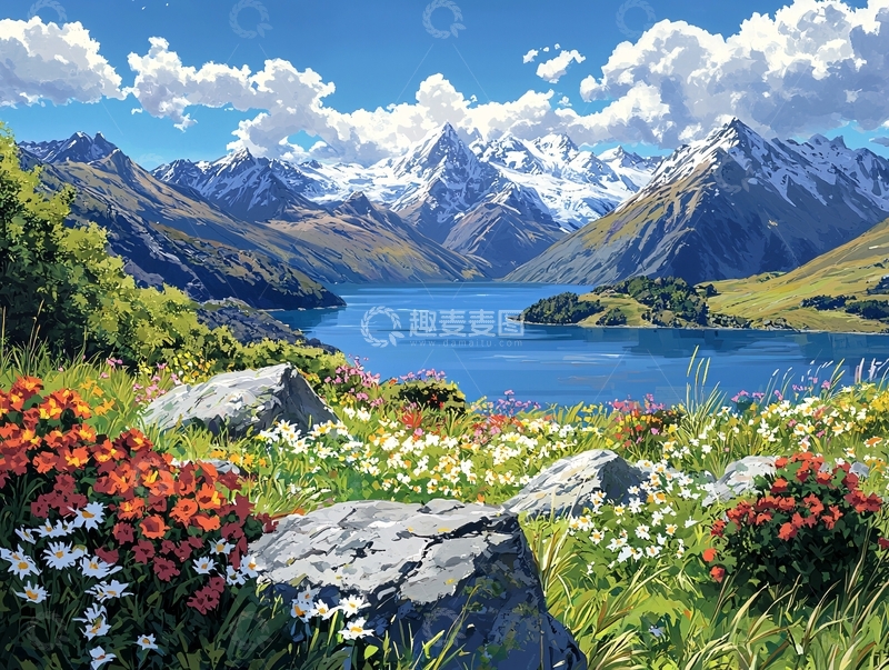 高清大图下载【趣麦麦图】高山湖泊鲜花盛开