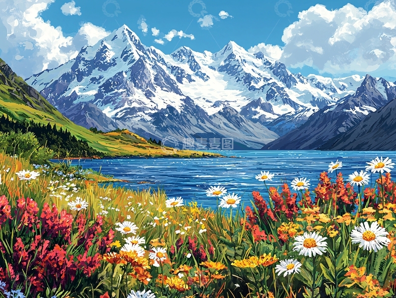 高清大图下载【趣麦麦图】雪山湖泊鲜花田园