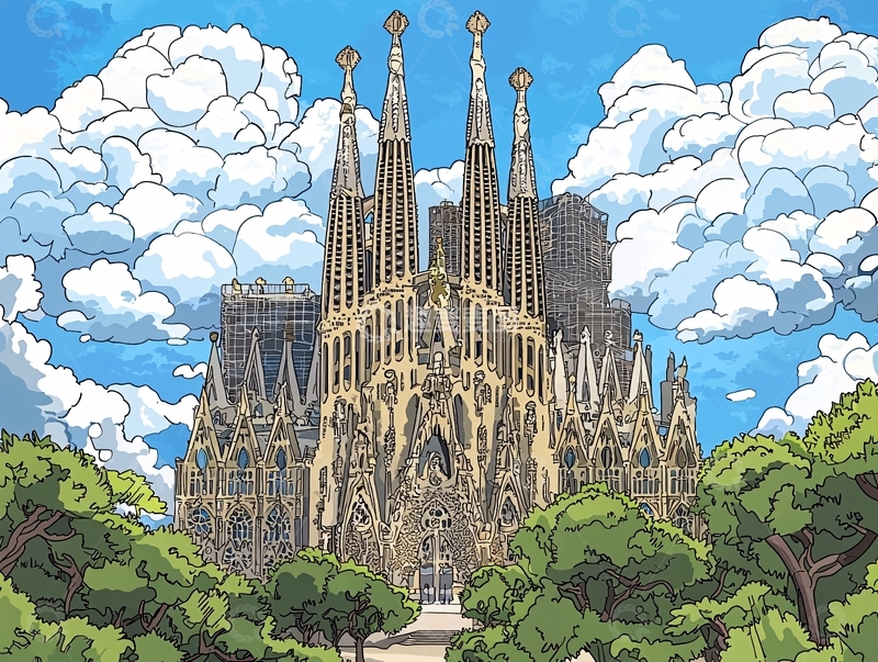 高清大图下载【趣麦麦图】圣家堂彩色插画