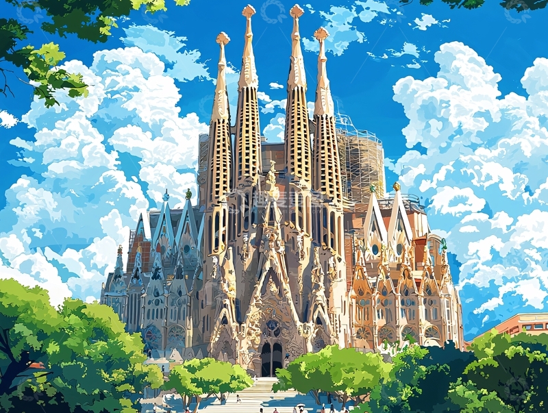 高清大图下载【趣麦麦图】圣家堂彩色手绘图