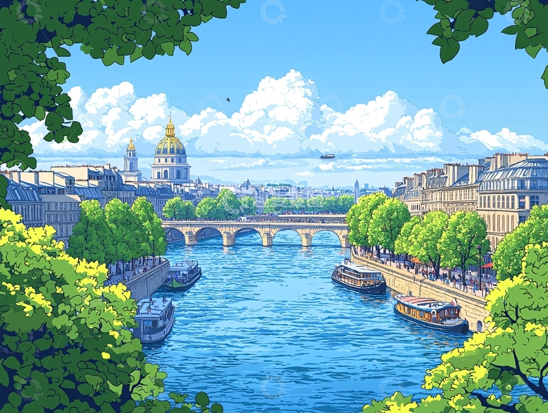 高清大图下载【趣麦麦图】巴黎塞纳河风景画