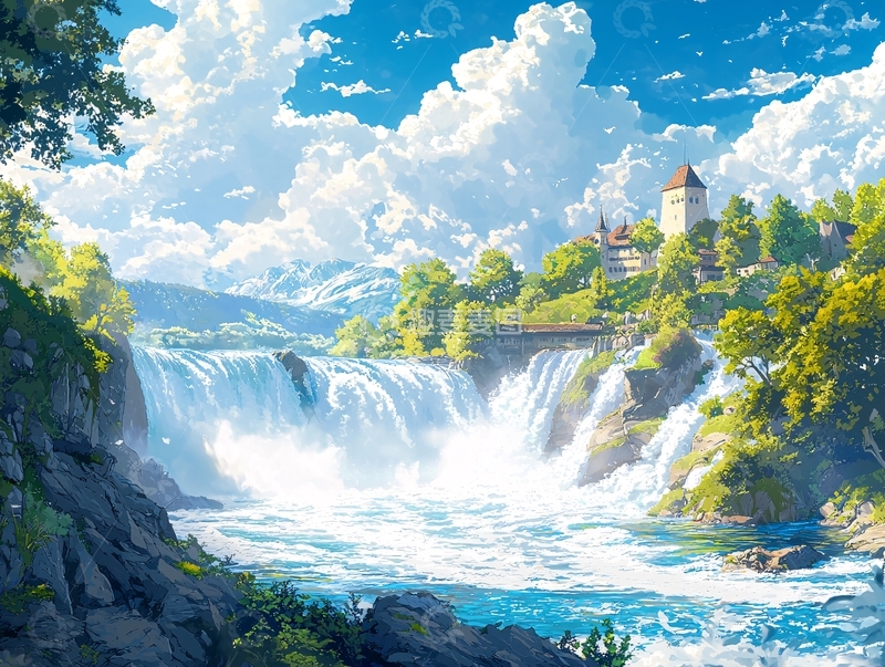 高清大图下载【趣麦麦图】梦幻瀑布城堡风景画