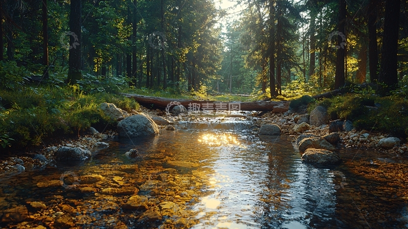 高清大图下载【趣麦麦图】森林小溪日出