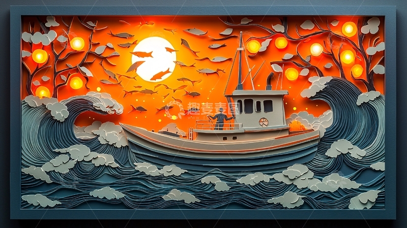 高清大图下载【趣麦麦图】渔船夜航