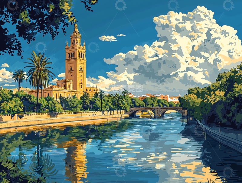 高清大图下载【趣麦麦图】阳光下的古塔河景