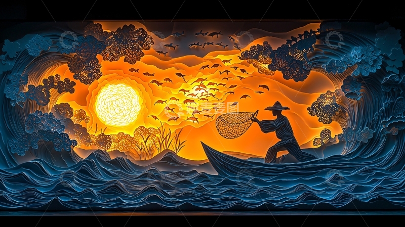 高清大图下载【趣麦麦图】渔夫日落捕鱼剪影