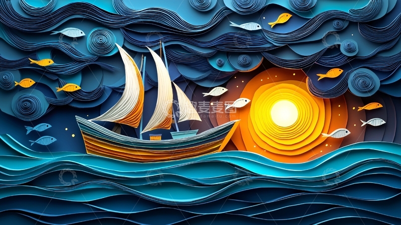 高清大图下载【趣麦麦图】纸艺帆船日落