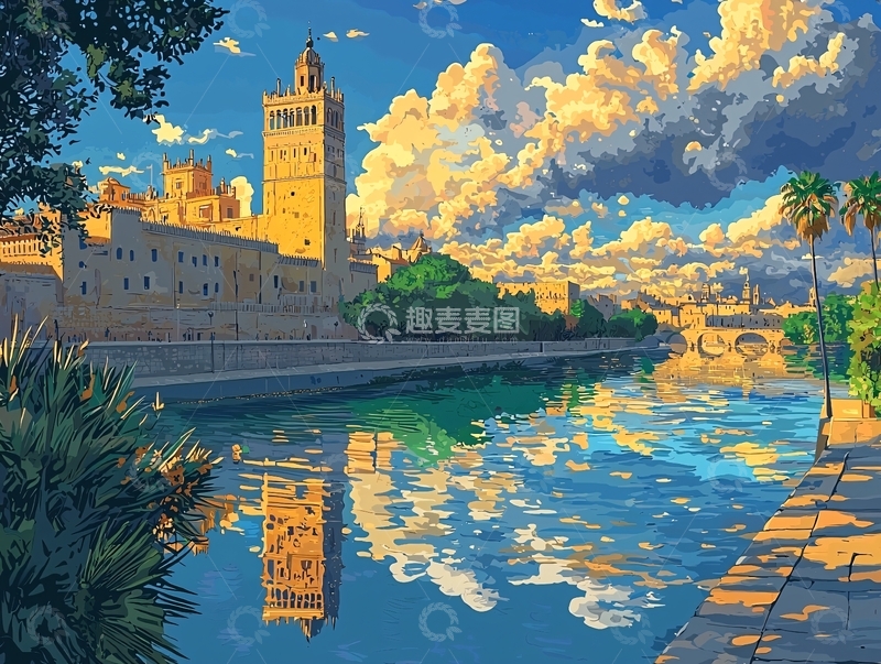 高清大图下载【趣麦麦图】夕阳下古城河景