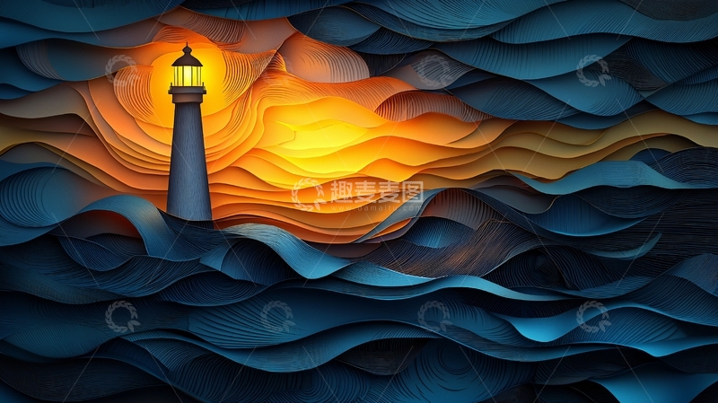 高清大图下载【趣麦麦图】灯塔剪纸风格海浪日落