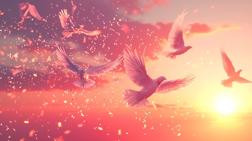 飞翔的鸽子与落日晚霞