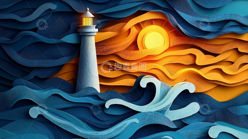 高清大图下载【趣麦麦图】灯塔剪纸风格海浪日落