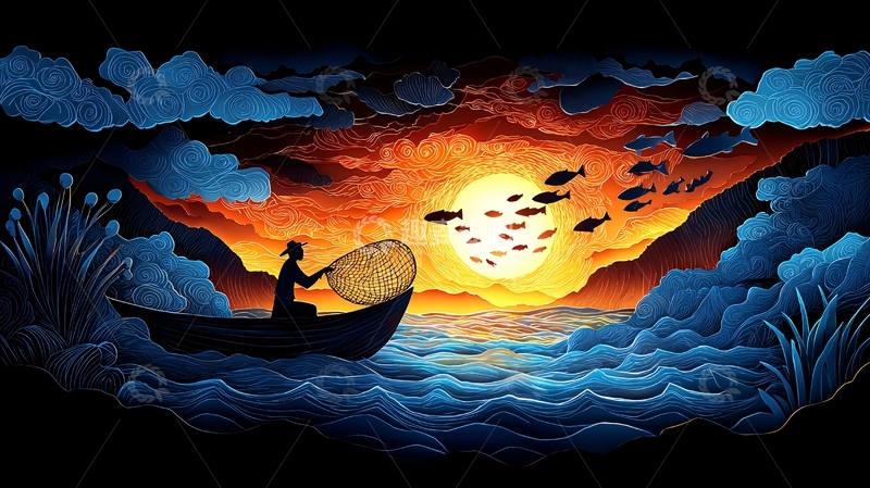 高清大图下载【趣麦麦图】日落渔船剪影