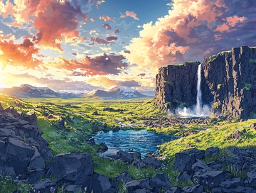 夕阳下壮丽瀑布与峡谷