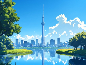 晴空下东京晴空塔与城市倒影