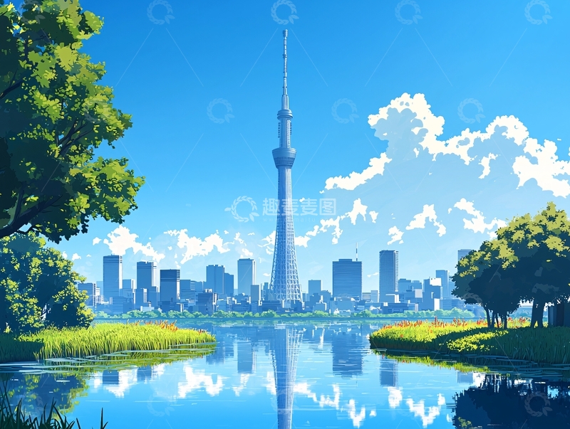 高清大图下载【趣麦麦图】晴空下东京晴空塔与城市倒影