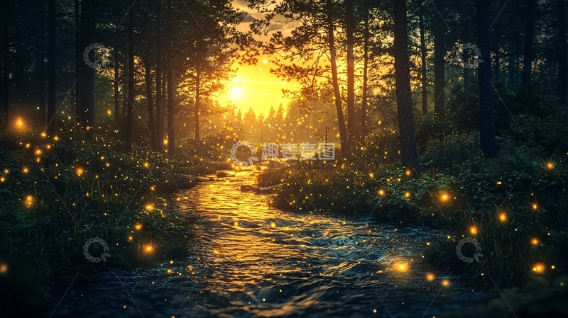 高清大图下载【趣麦麦图】梦幻森林黄昏小溪