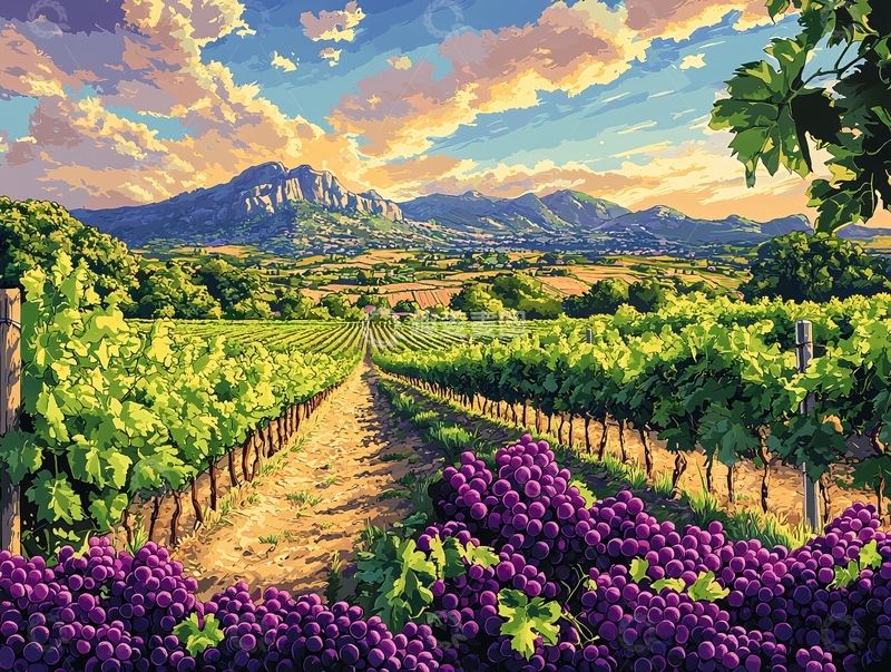 高清大图下载【趣麦麦图】夕阳下的葡萄园风景