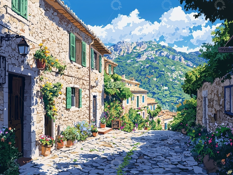 高清大图下载【趣麦麦图】阳光下的山间石路小镇