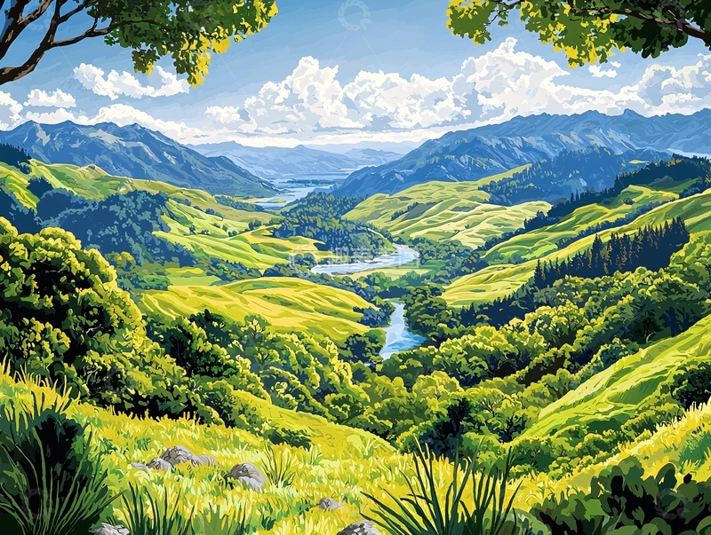 高清大图下载【趣麦麦图】山谷河流风景画