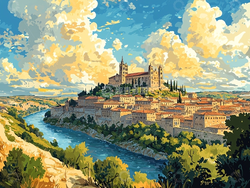 高清大图下载【趣麦麦图】山顶城堡河流风景画