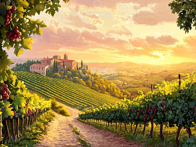 高清大图下载【趣麦麦图】夕阳下的葡萄园庄园