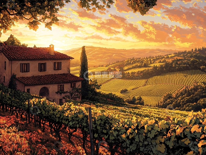 高清大图下载【趣麦麦图】夕阳下的托斯卡纳乡村别墅