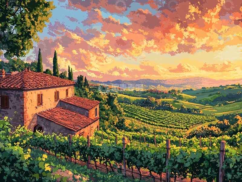 高清大图下载【趣麦麦图】夕阳下托斯卡纳乡村别墅