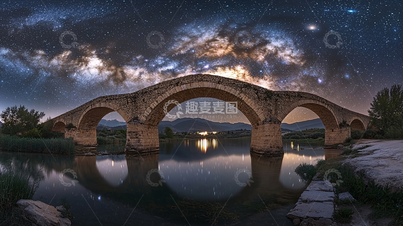 高清大图下载【趣麦麦图】星空下的古桥倒影