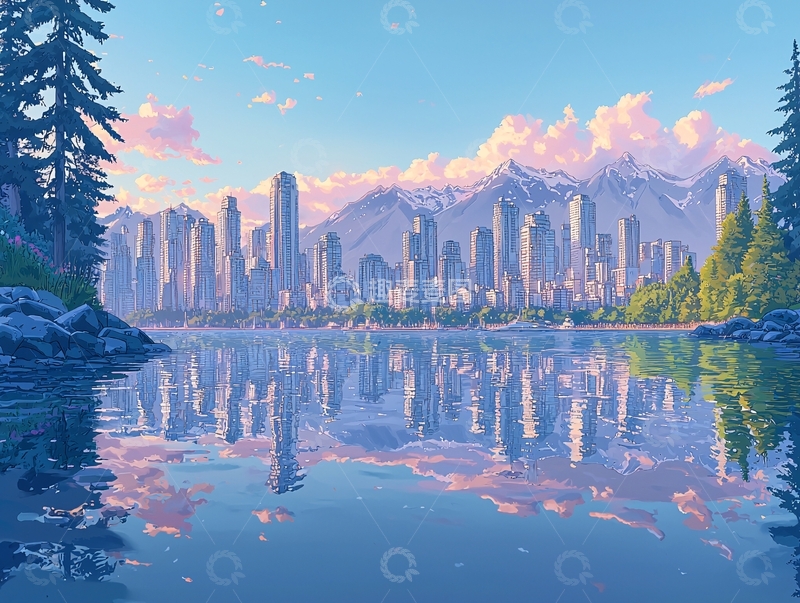 高清大图下载【趣麦麦图】山峦环抱的湖边城市